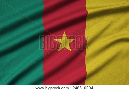 Cameroon Flag  Is Depicted On A Sports Cloth Fabric With Many Folds. Sport Team Waving Banner