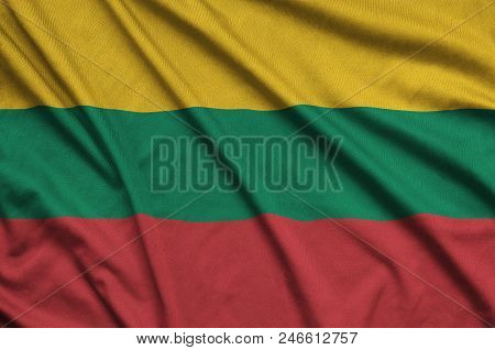Lithuania Flag  Is Depicted On A Sports Cloth Fabric With Many Folds. Sport Team Waving Banner