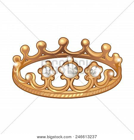 Exclusive Ring In The Shape Of A Royal Crown Made Of Gold With Inlaid Diamonds Isolated On White Bac