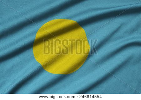 Palau Flag  Is Depicted On A Sports Cloth Fabric With Many Folds. Sport Team Waving Banner