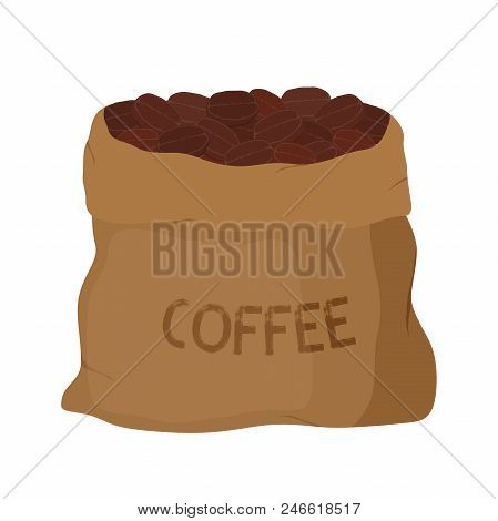 Vector Brown Canvas Coffee Bag, Package For Grains Of Aroma Product. Made In Cartoon Flat Style