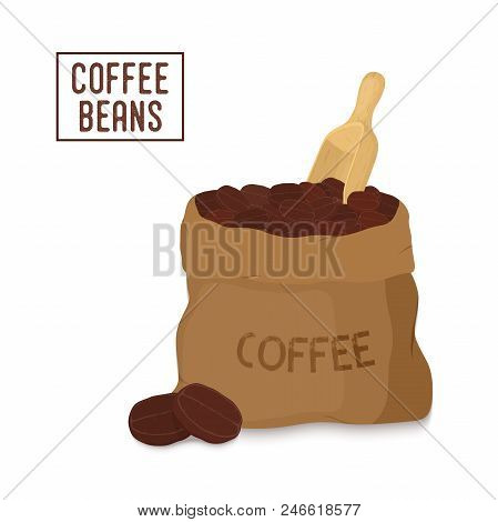 Vector Brown Canvas Coffee Bag With Wooden Scoop, Package For Grains Of Aroma Product. Made In Carto
