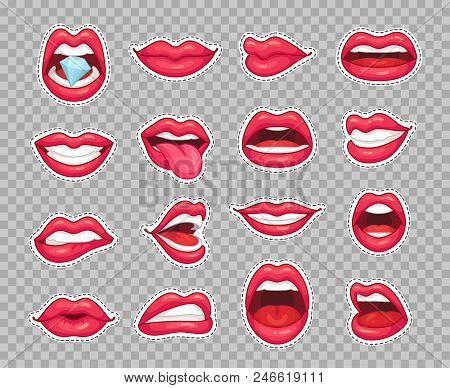 Candy Lips Patches. Vintage 80s Fashion Cartoon Stickers With Girl Showing Tongue Smiling And Diamon