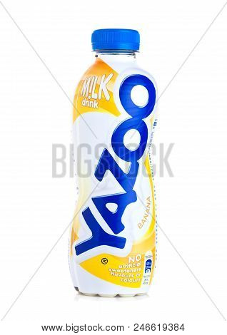 London, Uk - June 23, 2018: Plastic Bottles Of Yazoo Bannana Drink On White Background.