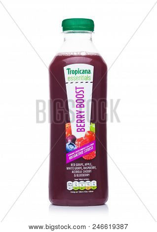 London, Uk - June 23, 2018: Bottle Of Tropicana Essentials Berry Boost On White. Tropicana Products 