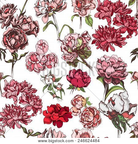 Vector Illustration Sketch - Card With Flowers Chrysanthemum, Peony. Pattern With Flowers. Dahlias, 