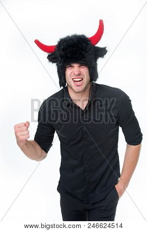 Man Horns As Devil Or Bull Aggressive Threaten Violence Gonna Punch You. Aggressive Intimidating Ind