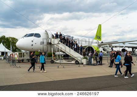 Berlin - April 27, 2018: The Narrow-body Jet Airliner Bombardier Cs300, By Airbaltic. Exhibition Ila
