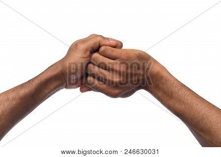 Black Hands In Ganesha Mudra, Isolated On White. Mind Oppening And Removing Obstacles Concept, Copy 