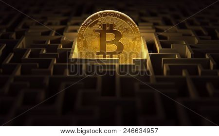 Golden Bitcoin Placed Somewhere In The Maze. Cryptocurrencies Lost In The Maze Of Adverse Law. 3d Re