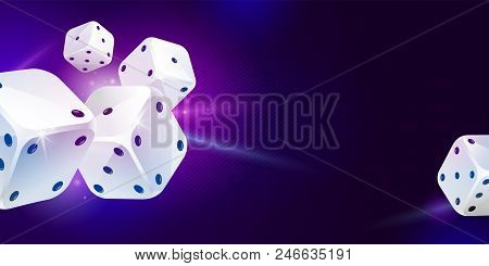 Shiny Background With Five White Game Dice On Dark Blue. Casino Gambling. Poker, Table Craps
