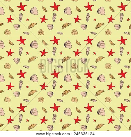 Seamless Pattern Of Seashells. Marine Background Seashells And Starfish