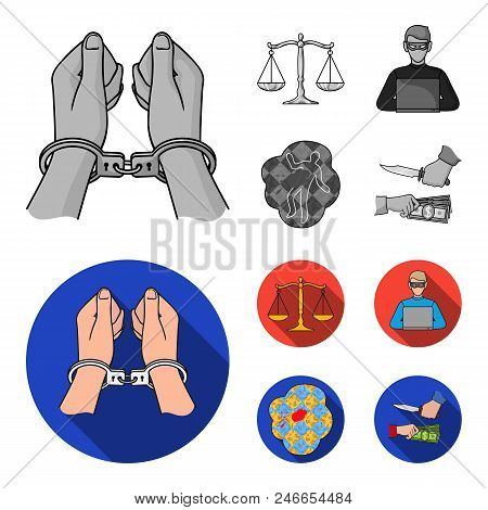 Handcuffs, Scales Of Justice, Hacker, Crime Scene.crime Set Collection Icons In Monochrome, Flat Sty