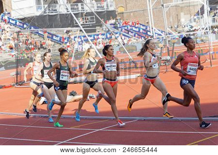 Stockholm, Sweden - Jun 10, 2018: Running Athletes In The 1500m Women Competition In Iaaf Diamond Le