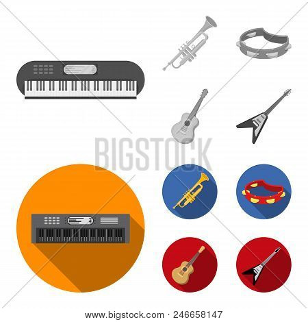 Electro Organ, Trumpet, Tambourine, String Guitar. Musical Instruments Set Collection Icons In Monoc