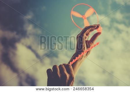 Toy Propeller In Hand - Play With Kids On Outdoor In Summer, Launch Toy Helicopter
