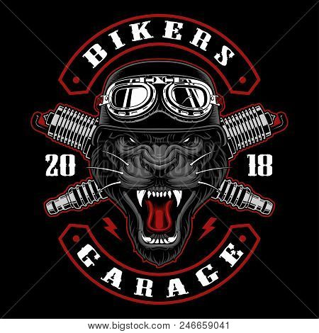 Panther Biker With Spark Plugs. Vector Illustration With Motorcycle Rider. Design Of Biker Patch. Al