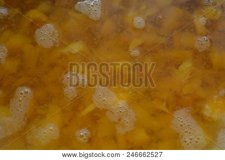 Preparation Of Jelly In The Kitchen A Fruit Apricot Broth, A Ham Of Fresh Pieces Of Apricot For Frui