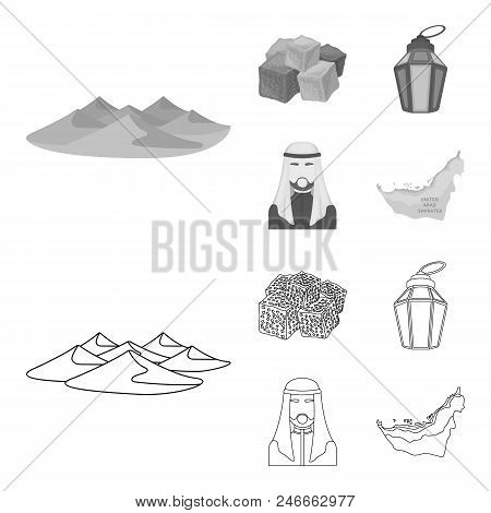 Eastern Sweets, Ramadan Lamp, Arab Sheikh, Territory.arab Emirates Set Collection Icons In Outline, 