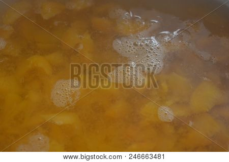 Preparation Of Jelly In The Kitchen A Fruit Apricot Broth, A Ham Of Fresh Pieces Of Apricot For Frui