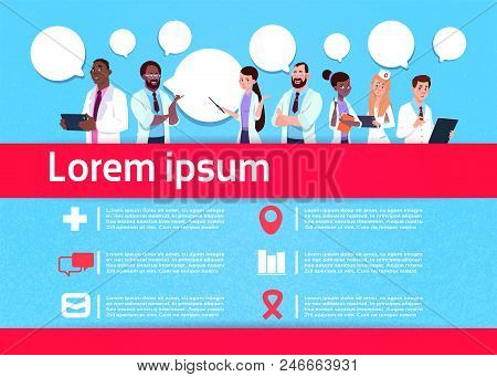Creative Infographic Mixrace Doctor Chat Communication Hospital Medical Team On Blue Background Medi