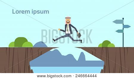 Arab Businessman Jumping Over Obstacles Over Chasm Go To The Opposite Goal Concept. Business Success