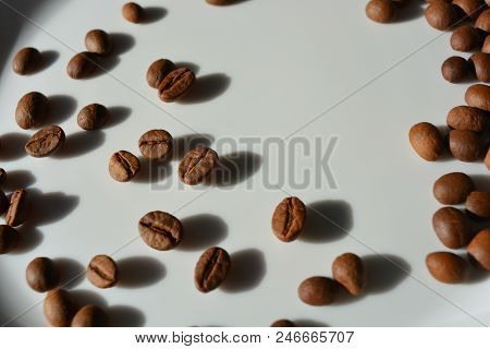 On A White Glass Plate Spilled Chaotically Coffee Beans Laid Delicious Grains Throughout The Plate.