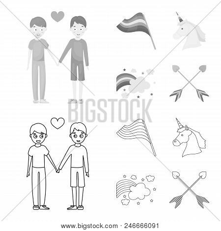 Flag, Unicorn Symbol, Arrows With Heart.gay Set Collection Icons In Outline, Monochrome Style Vector