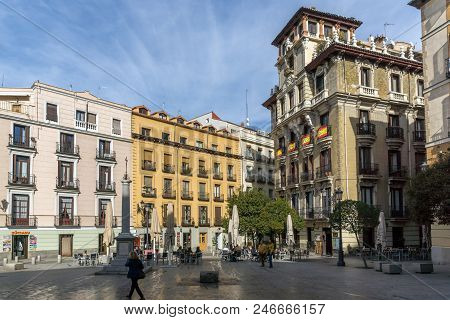Madrid, Spain - January 23, 2018: Old Building At Ramales Square (plaza Ramales) In City Of Madrid, 