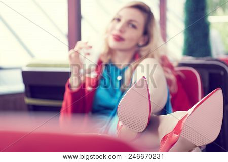 Closeup Fof Pretty Stylish Fashion Girl Having Fun Drinking Milkshake In A Cafe Outdoors.photo With 