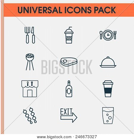 Cafe Icons Set With Cutlery, Tray, Exit Sign And Other Hooch Elements. Isolated  Illustration Cafe I