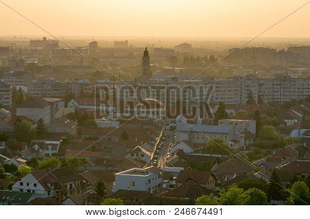 Oradea City Viewed From Above At Sunset, Romania.