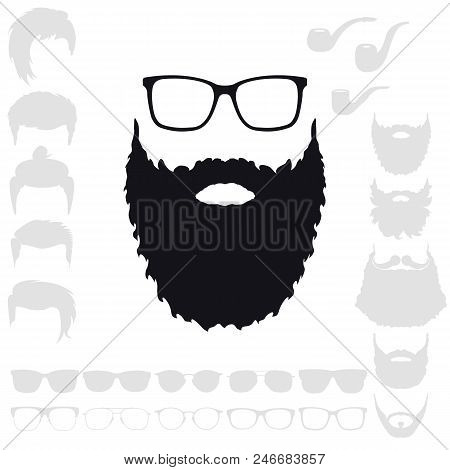 Hipster Fashion Set. Bearded Face Avatar Silhouette. Haircuts, Beards, Glasses, Accessories. Vector 