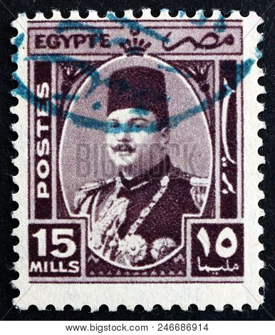 Egypt - Circa 1945: A Stamp Printed In Egypt Shows King Farouk Of Egypt, Portrait, Circa 1945