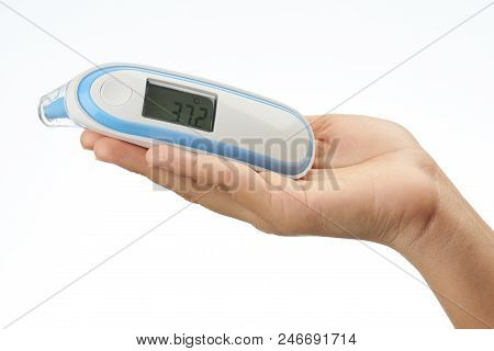 Hand Holding Tempreture Digital Thermometer Isolated On White Background