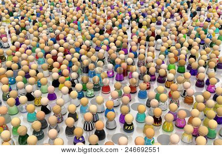 Crowd Of Small Symbolic Figures, Pitfalls Amidst, 3d Illustration, Horizontal Background