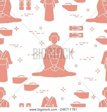 Seamless Pattern With Asian Woman, Traditional Japanese Clothing, Shoes. Travel And Leisure.