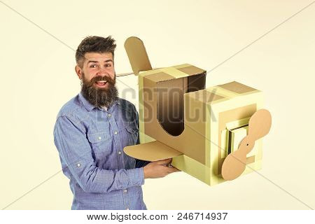 Air Mail Delivery, Aircraft Construction. Bearded Man Father Hold Cardboard Plane Isolated On White.
