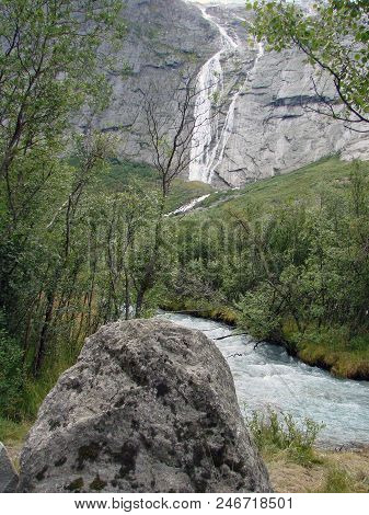 Mountain River And Waterfall Neighborhood Briksdale, Norway