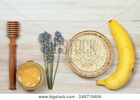 Face Mask From Oatmeal, Yogurt, Banana  And Honey. Ingredients For Homemade Facial Mask Decoreted Wi