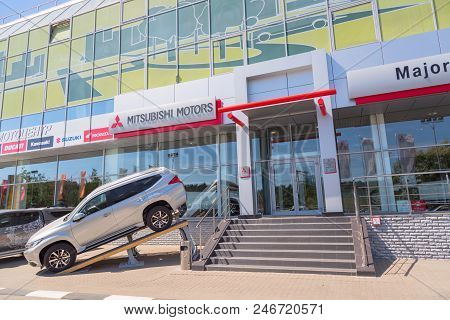 Moscow, Russia - May, 2018: Mitsubishi Automobile Reseller With New Mitsubishi Outlander Model Near 
