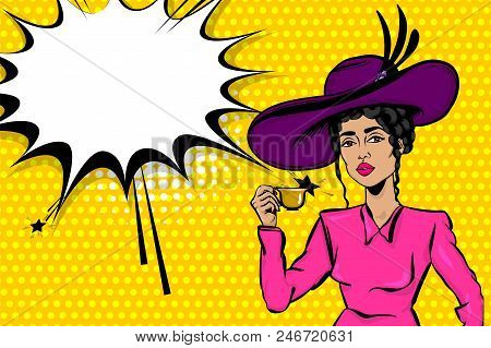 White Sexy Young Woman Pop Art Hold Cup Of Coffee. Elegantly Dressed, In A Beautiful Retro Hat And F