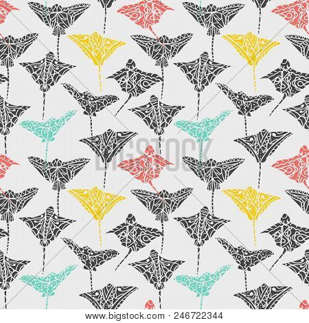 Seamless Pattern With Hand Drawn Vector Cramp-fish Zentangle Doodle Style. Ethnic Pattern, Summer Co