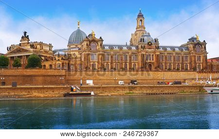 Dresden skyline reflecion in Elbe river in Saxony of Germany