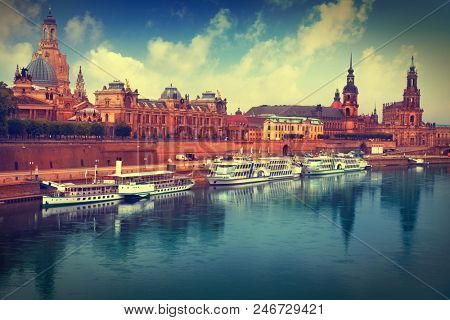 Dresden skyline reflecion in Elbe river in Saxony of Germany