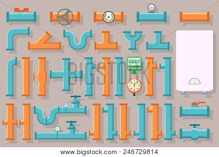 Set Of Plumbing Pipes For Sewerage, Home Or Boiler Room