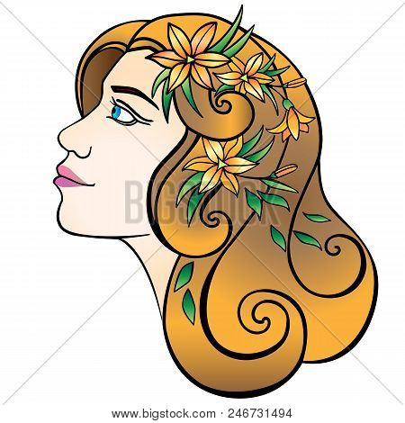 The Girl In A Wreath. Spring. Profile Of A Girl With Flowers In Her Hair