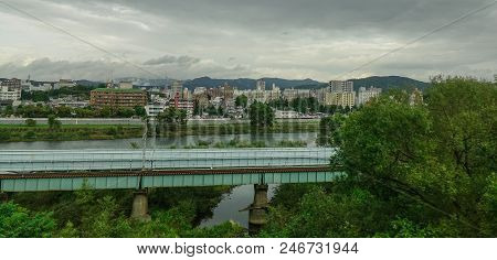 Sendai, Japan - Oct 3, 2017. Mountain Township At Rainy Day In Sendai, Japan.