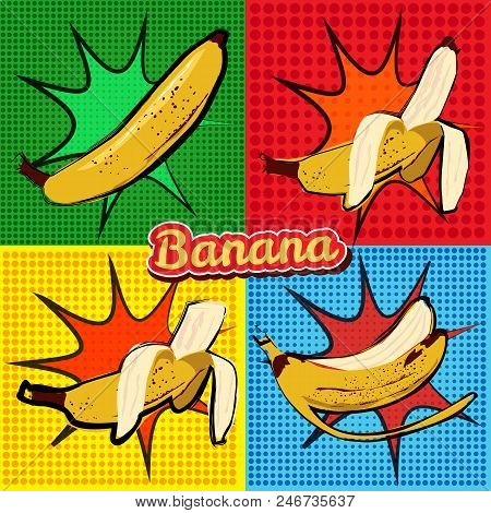 Banana Opened Banana Bitten Banana Peel Banana Pop Art Vector Illustration