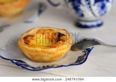 Pasteis De Belem, L Portuguese Egg Tart Pastries With Coffee At Lisbon Cafe,portugal. Pastel De Nata